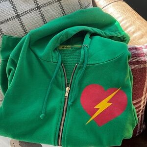 Aviator Nation Green Hoodie with Red Heart and Yellow Lightning